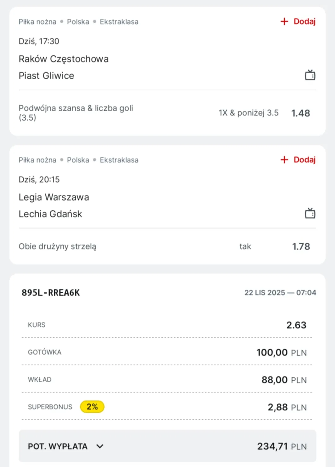 Kupon double Ekstraklasa, 22.11.2025