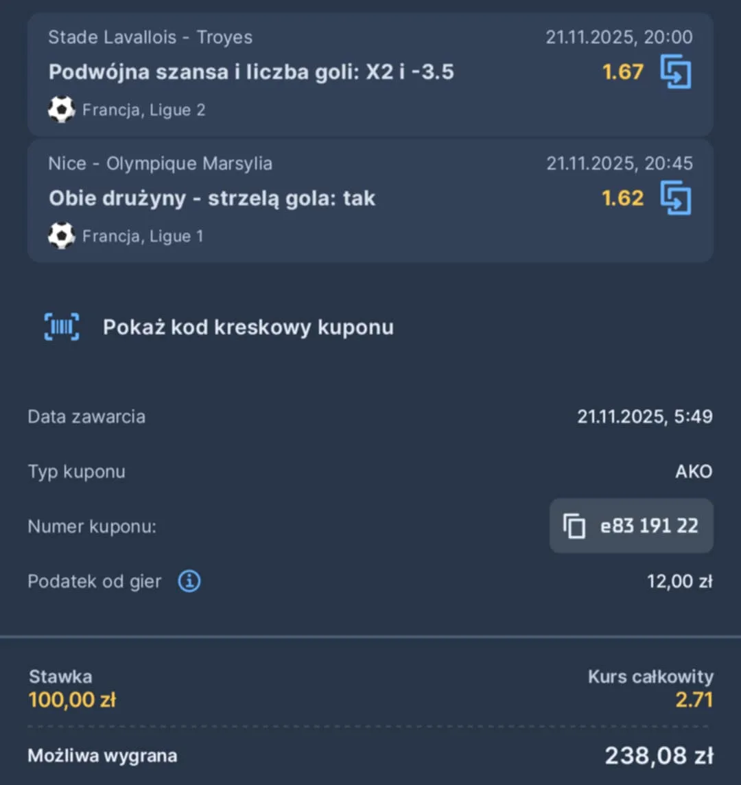 Kupon double Ligue 1, Ligue 2, 21.11.2025