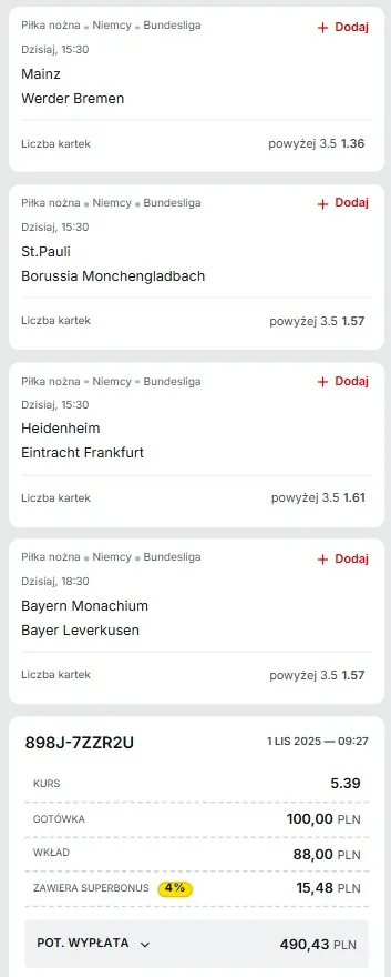 Kupon AKO Bundesliga kartki 01.11.