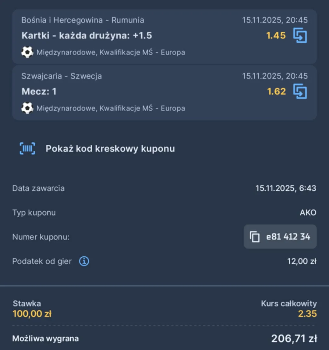 Kupon double eliminacje MŚ 15.11.2025