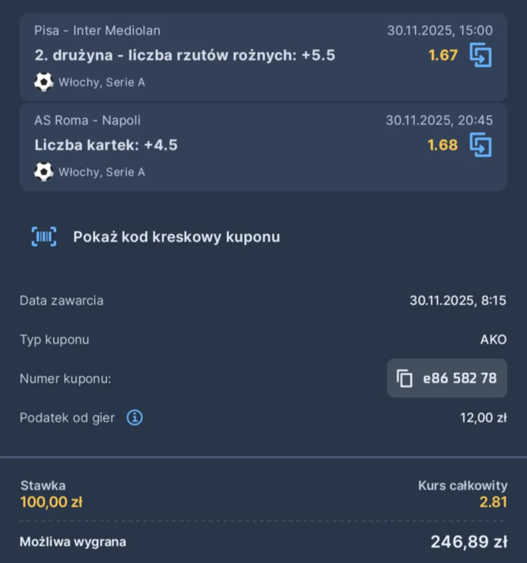 Kupon double Serie A, 30.11.2025