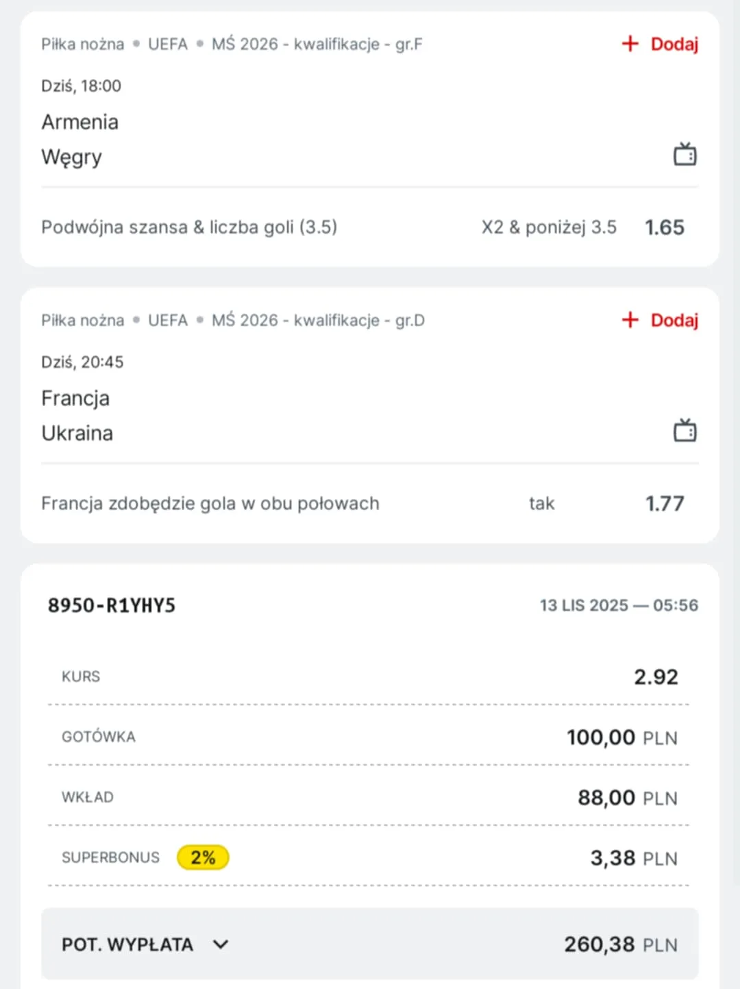 Kupon double eliminacje MŚ 13.11.2025