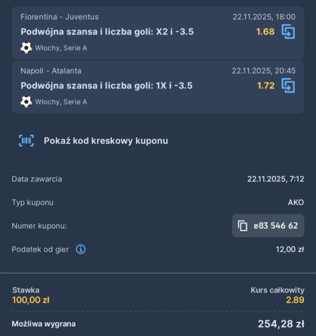 Kupon double Serie A, 22.11.2025