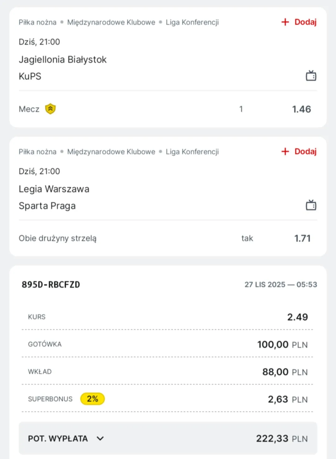 Kupon double Liga Konferencji 27.11.2025