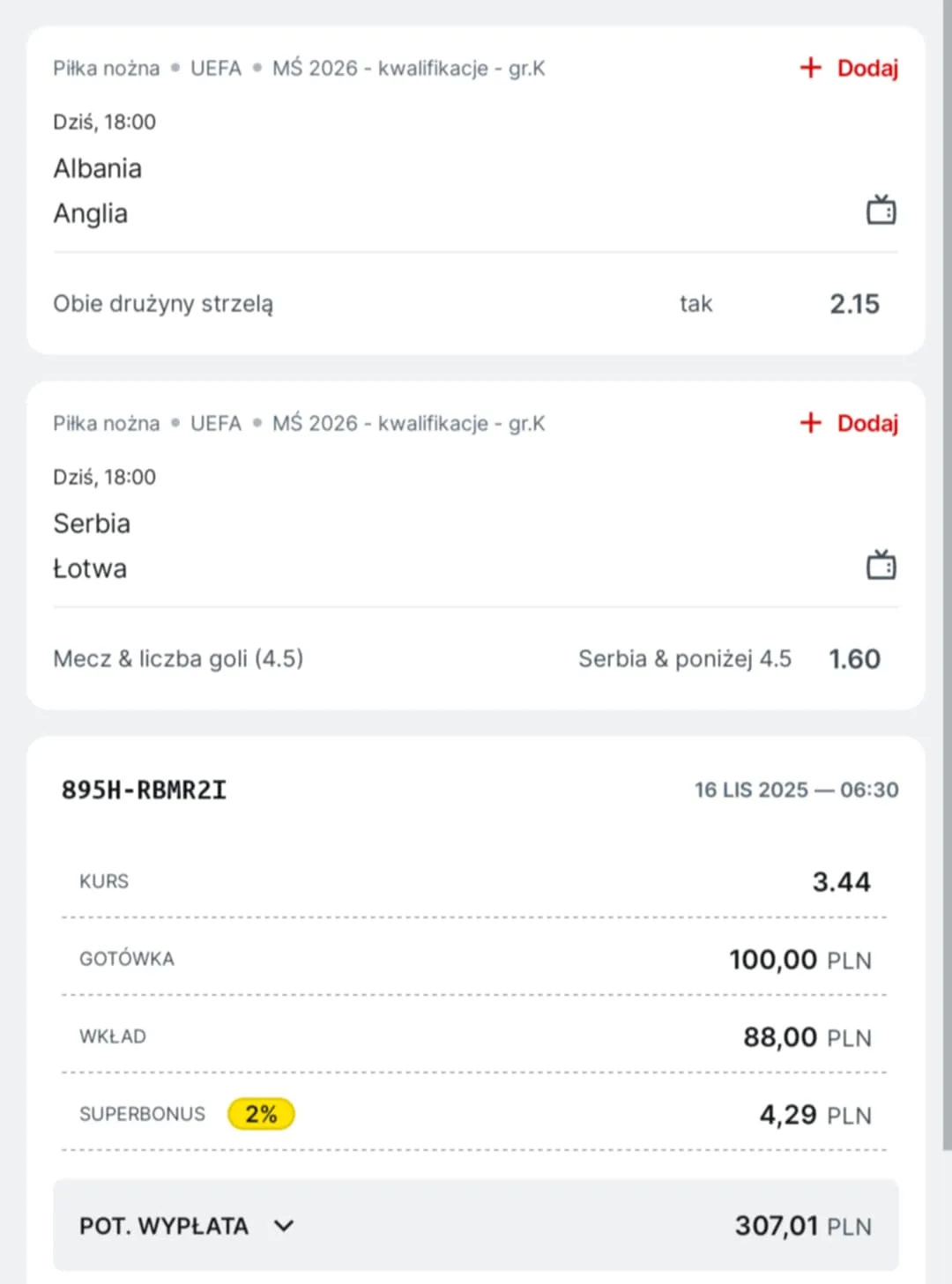 Kupon double Eliminacje MŚ, 16.11.2025