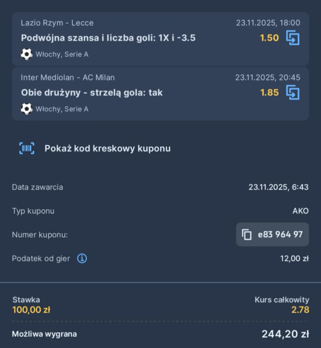 Kupon double Serie A 23.11.2025