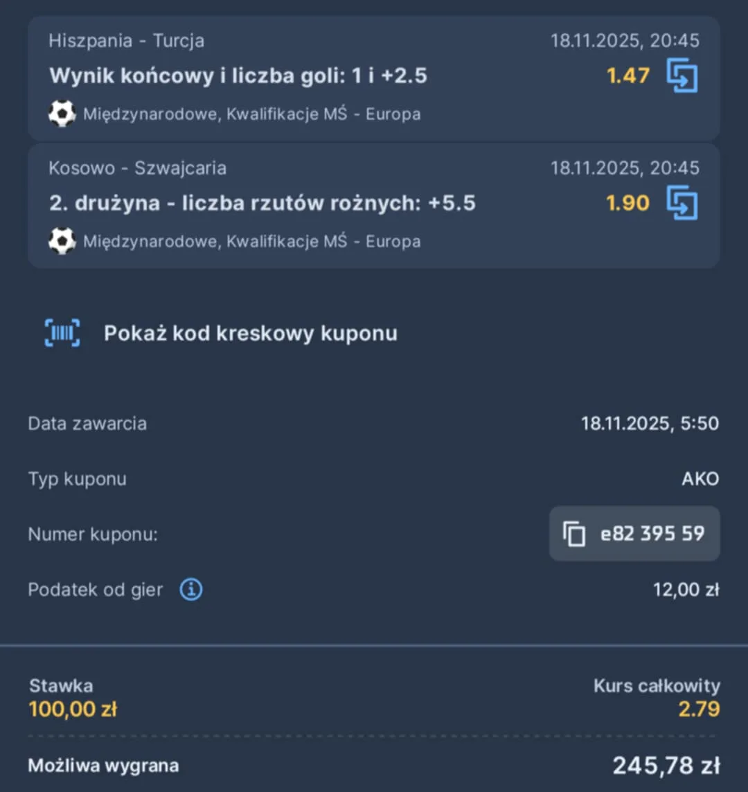 Kupon double eliminacje MŚ 18.11.2025