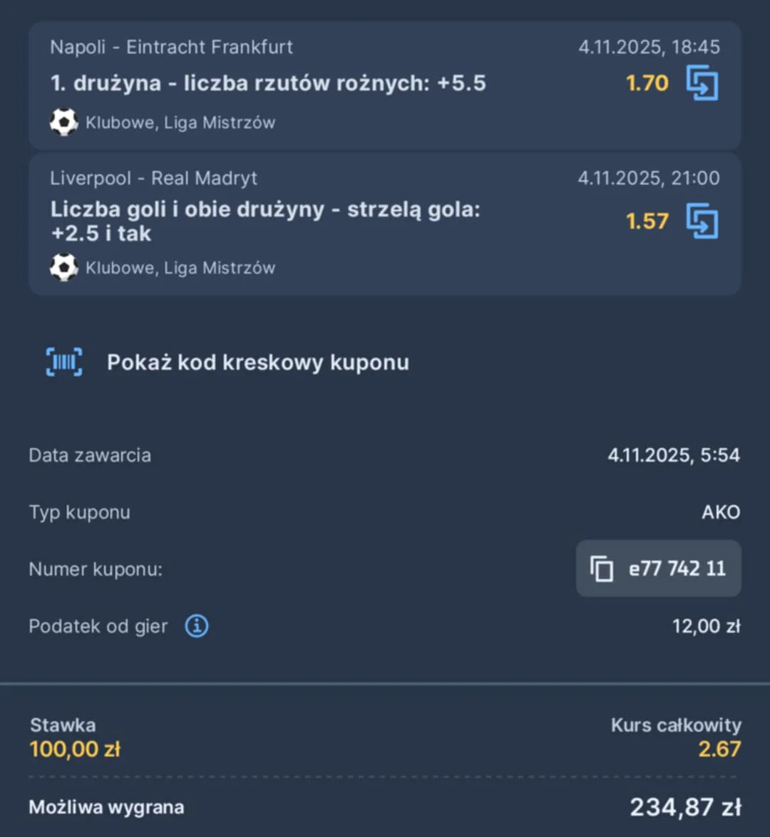 Kupon double Liga Mistrzów 04.11.2025