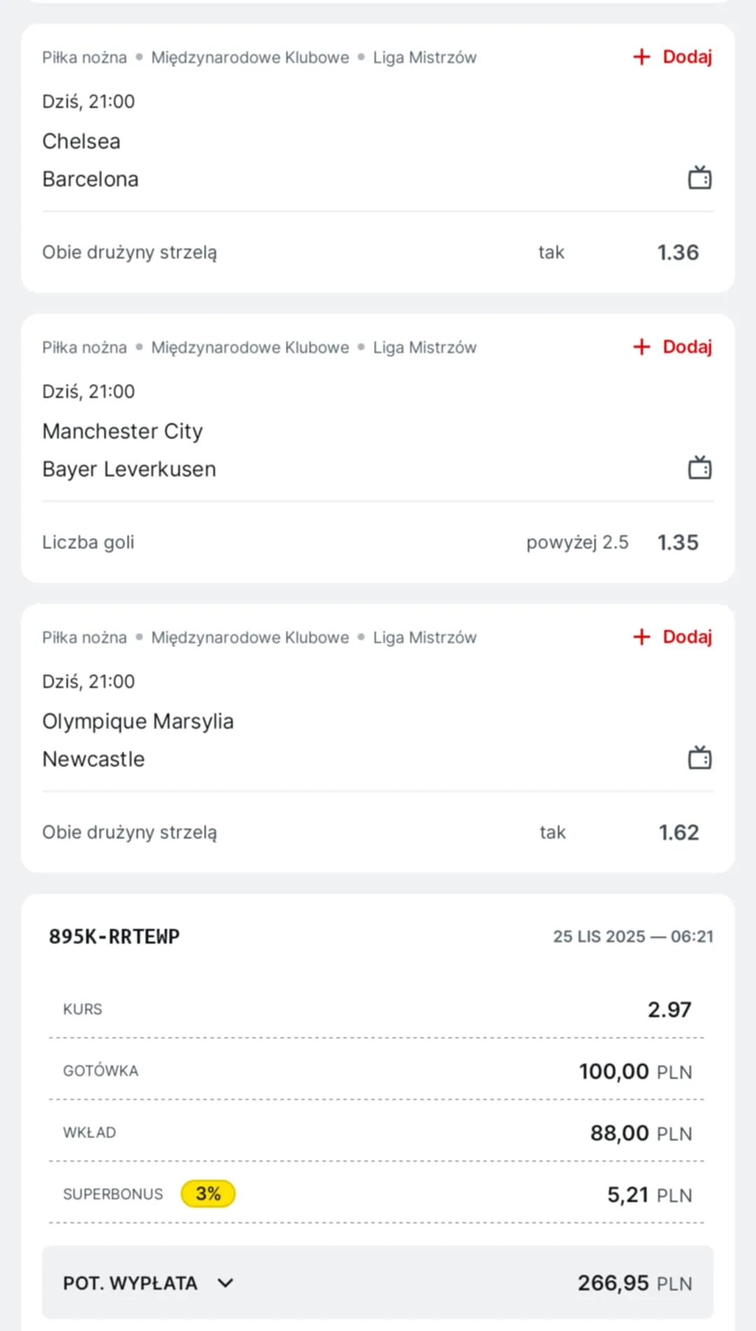 Kupon double Liga Mistrzów, 25.11.2025