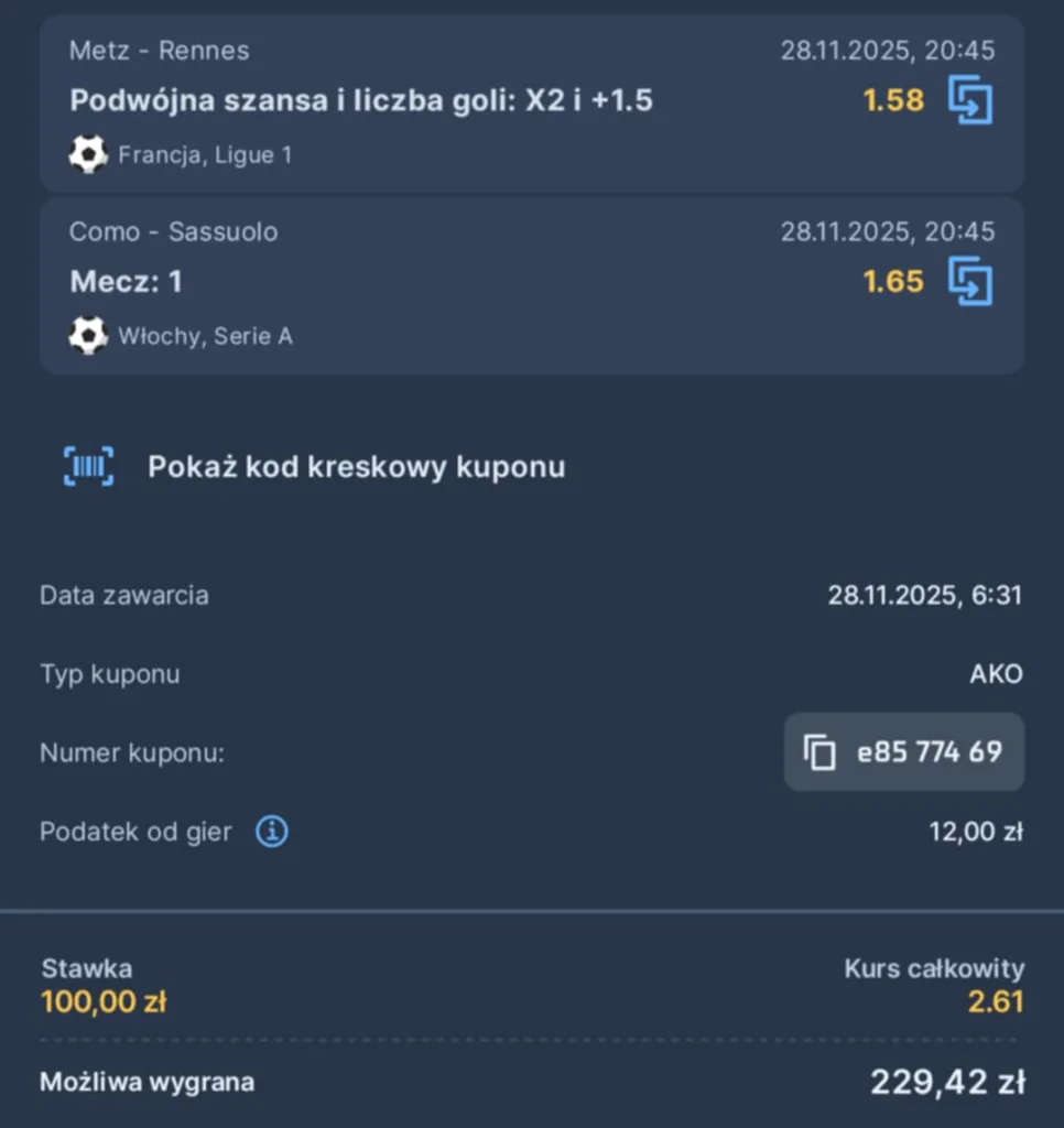 Kupon double Serie A, Ligue 1, 28.11.2025