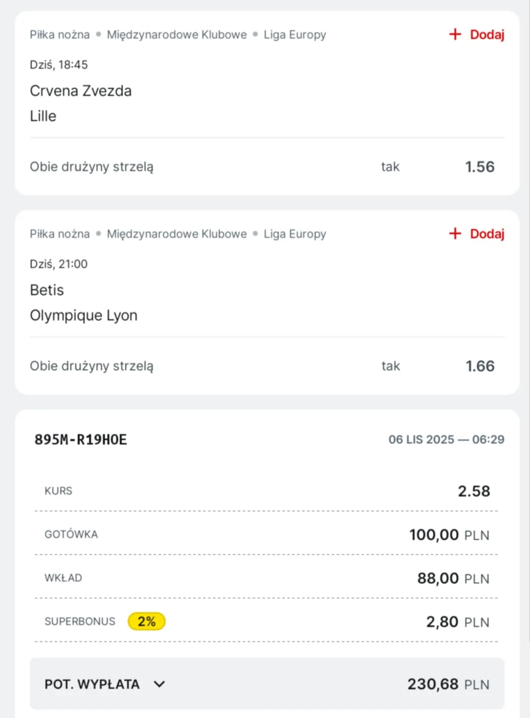 Kupon double Liga Europy, 06.11.2025