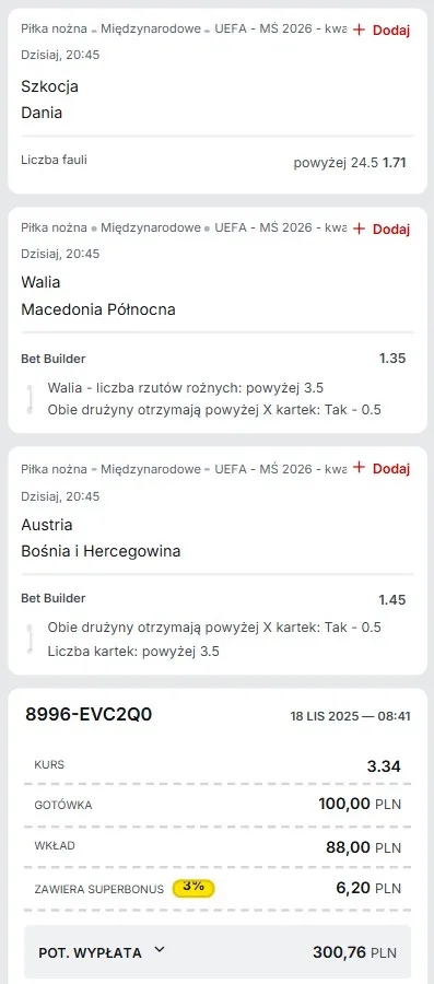 Kupon Superbet eliminacje 18.11.