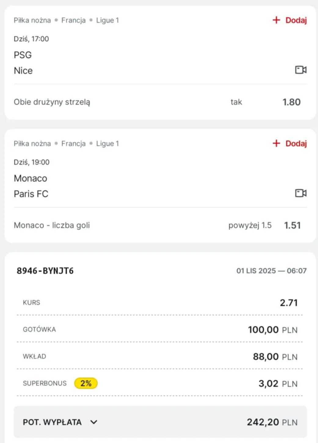 Kupon double Ligue 1, 01.11.2025