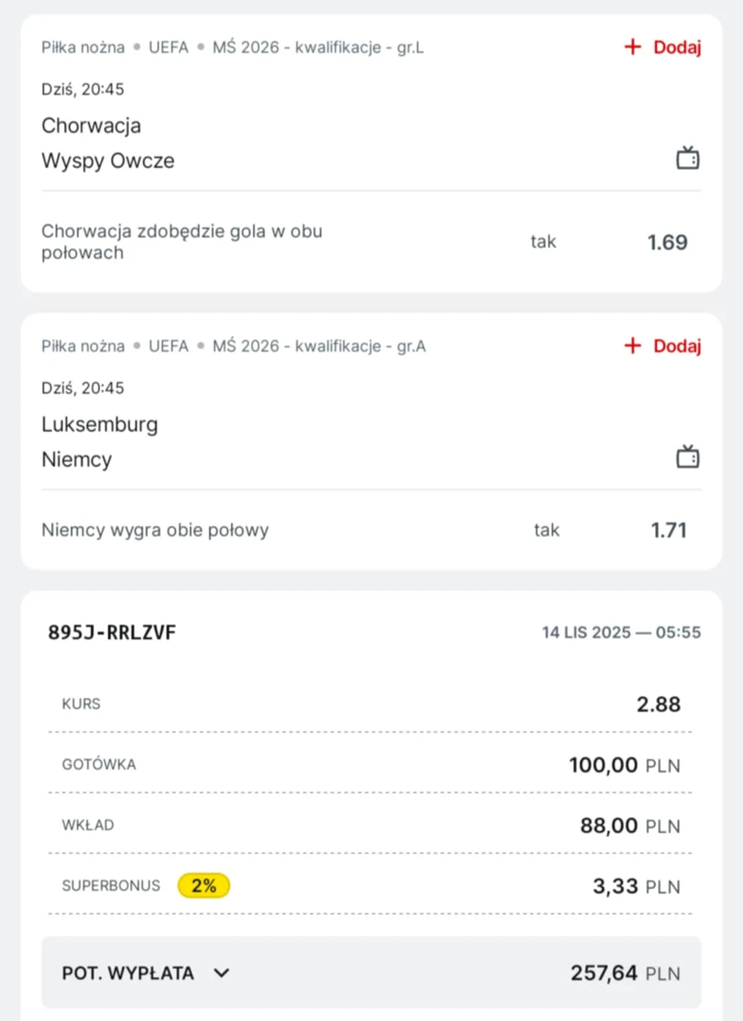 Kupon double eliminacje MŚ 14.11.2025