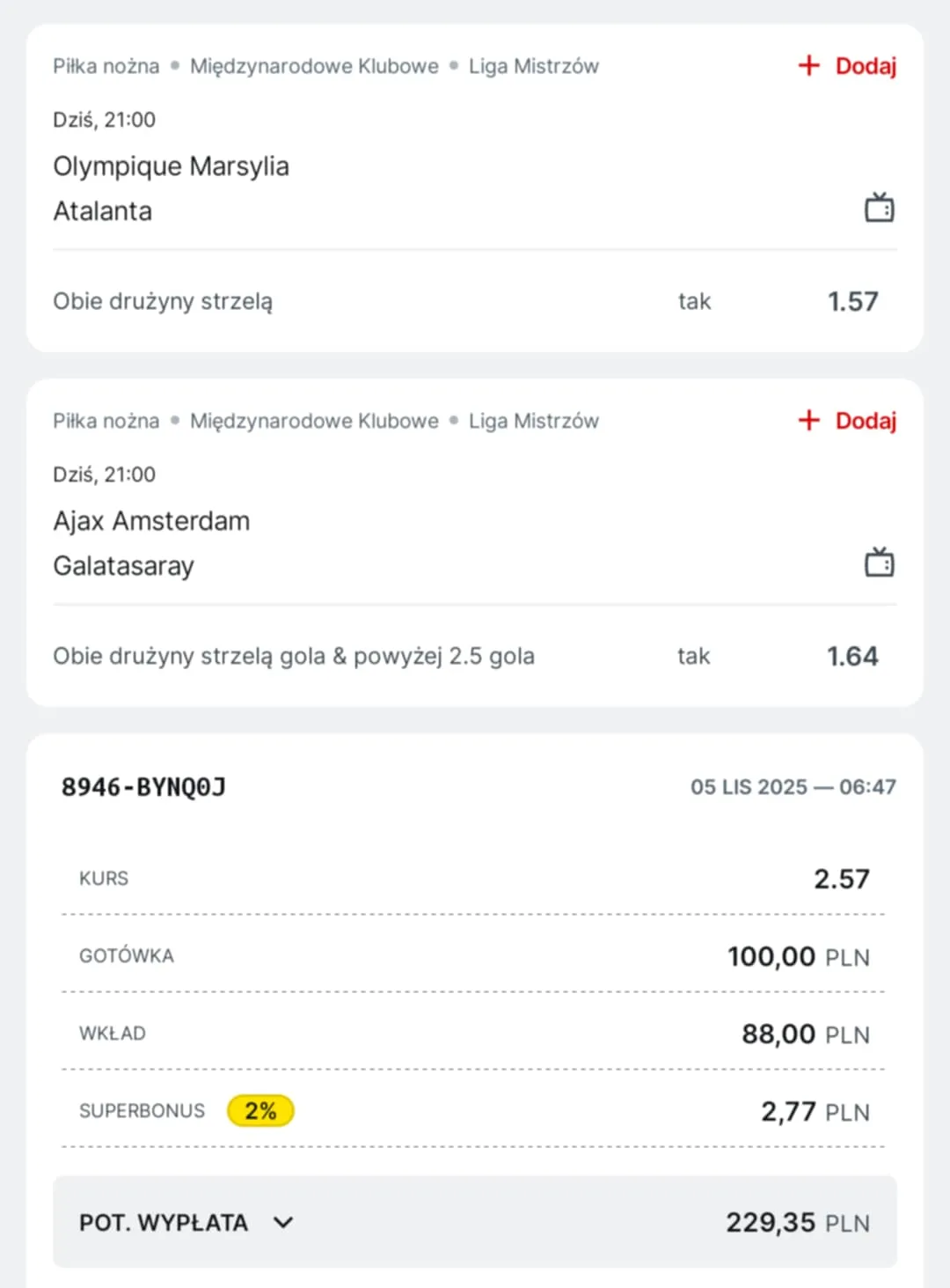 Kupon double Liga Mistrzów 05.11.2025