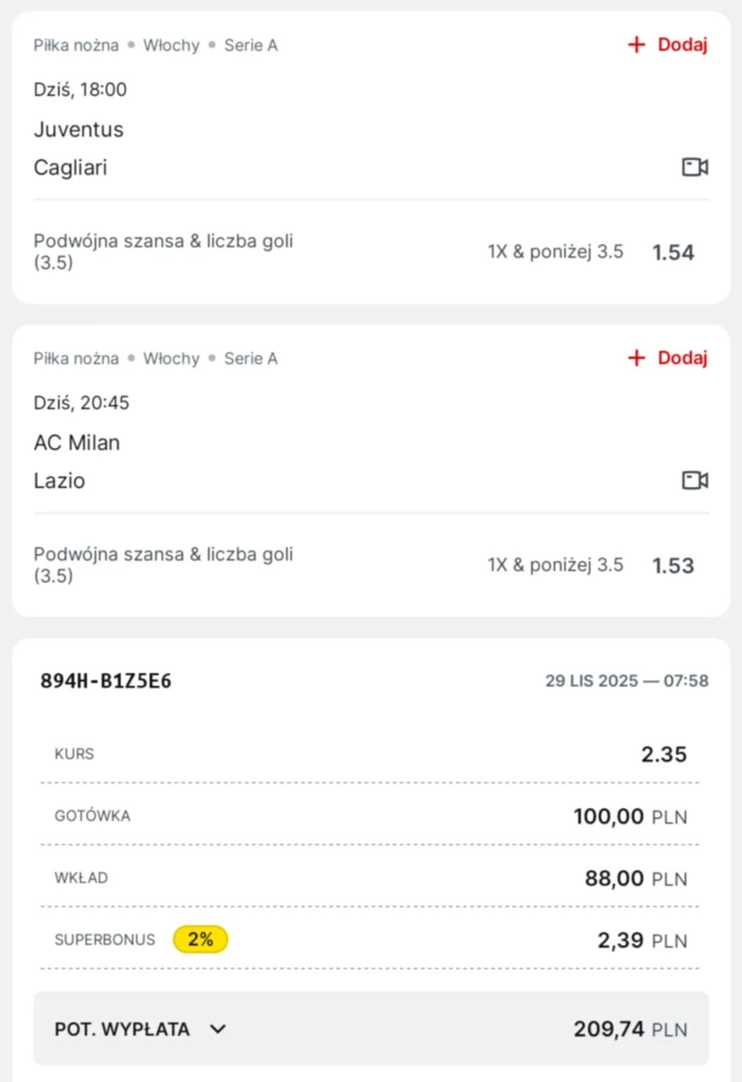 Kupon double Serie A, 29.11.2025