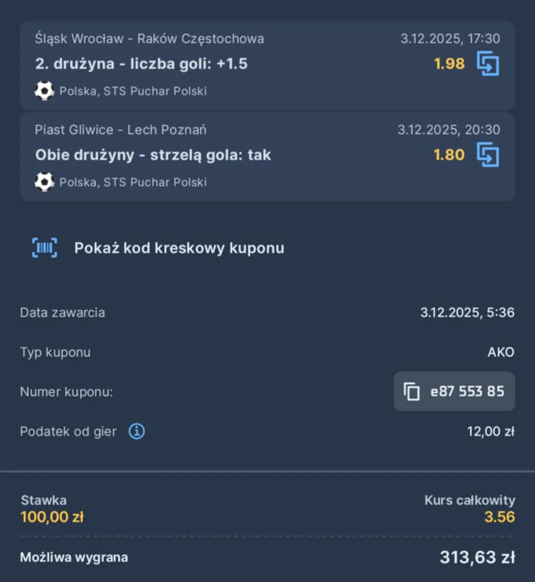 Kupon double Puchar Polski 03.12.2025