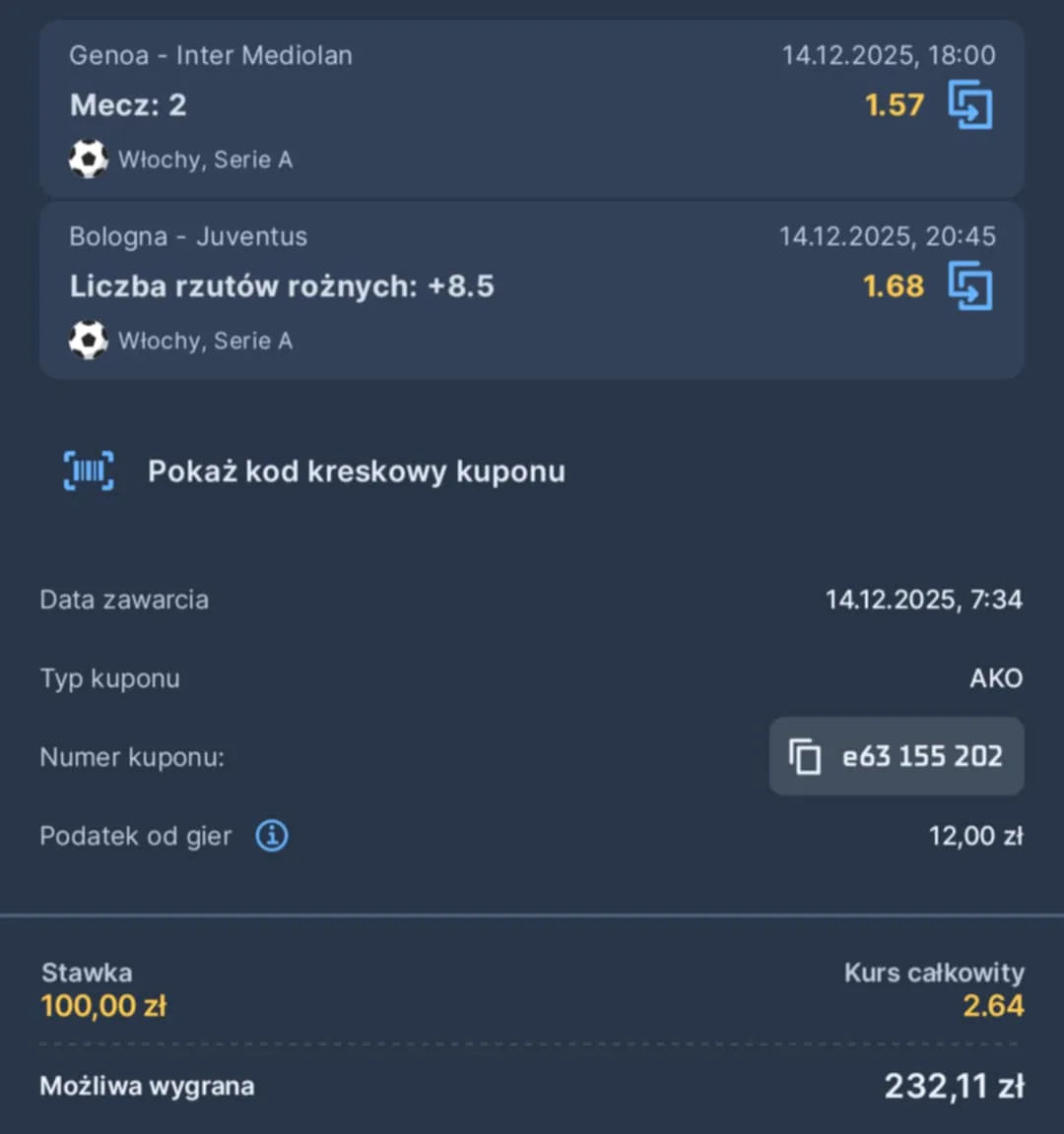 Kupon double Serie A, 14.12.2025