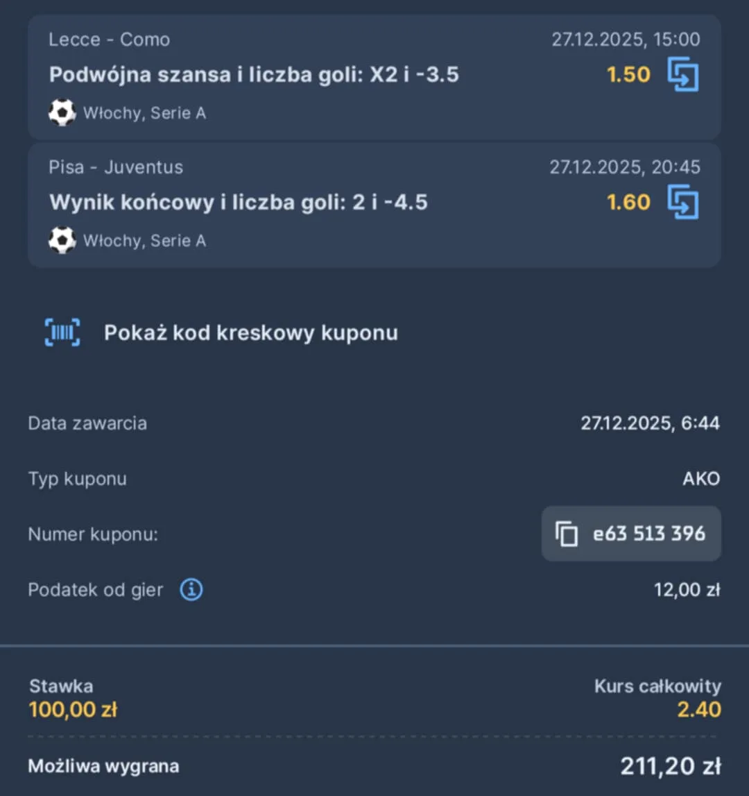 Kupon double Serie A, 27.12.2025