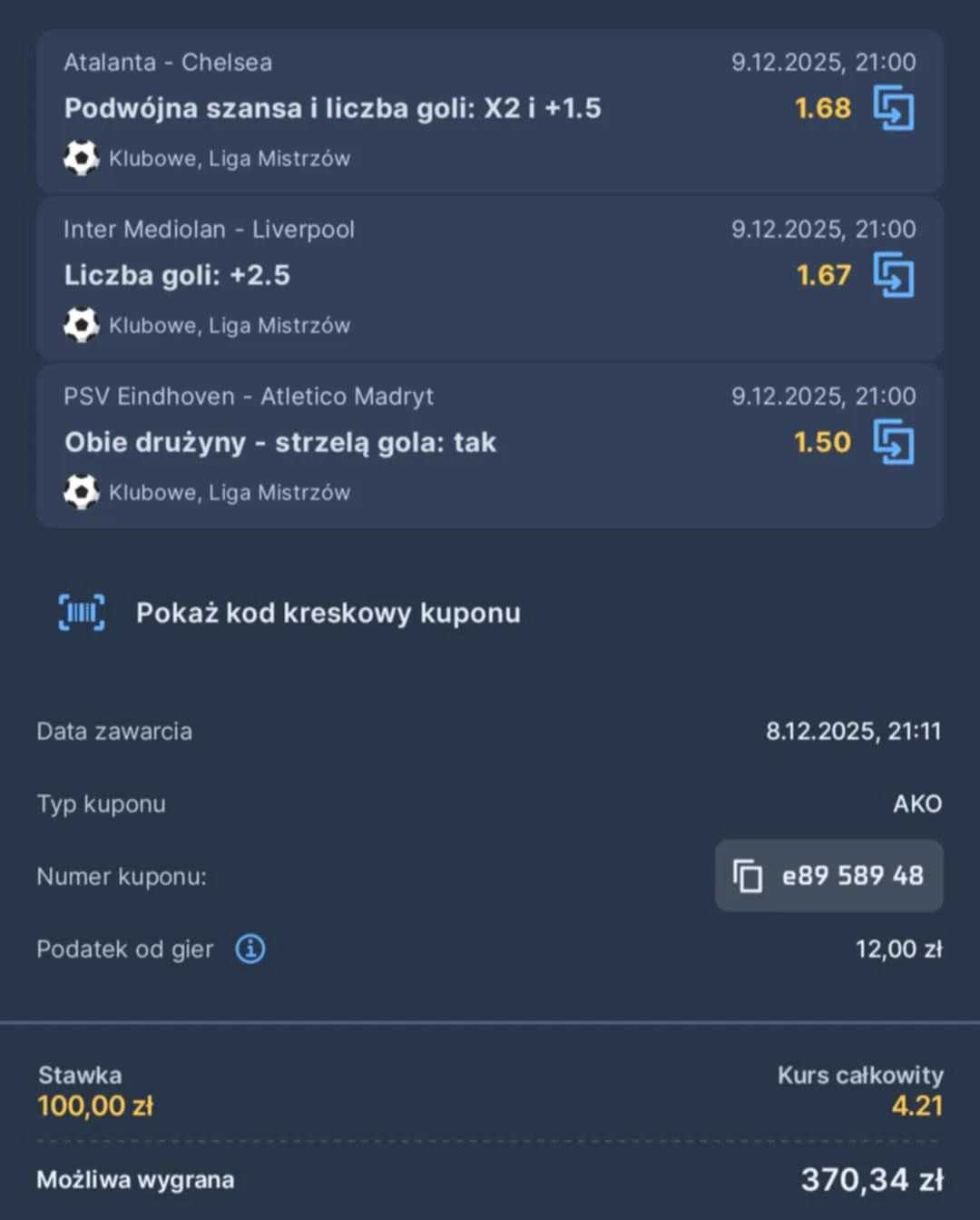 Kupon triple Liga Mistrzów, 08.12.2025