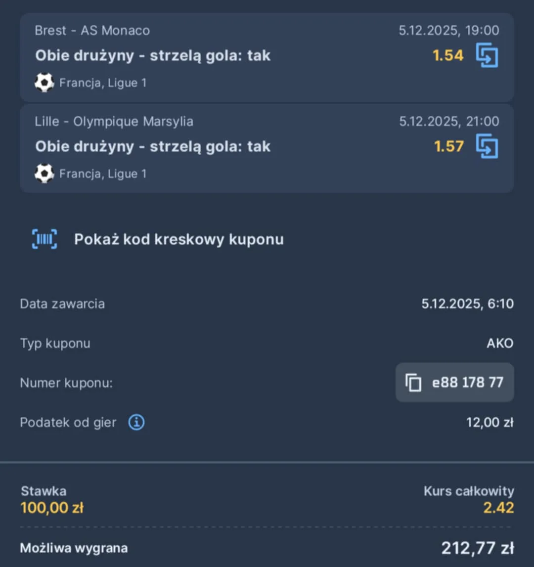 Kupon double Ligue 1, 05.12.2025