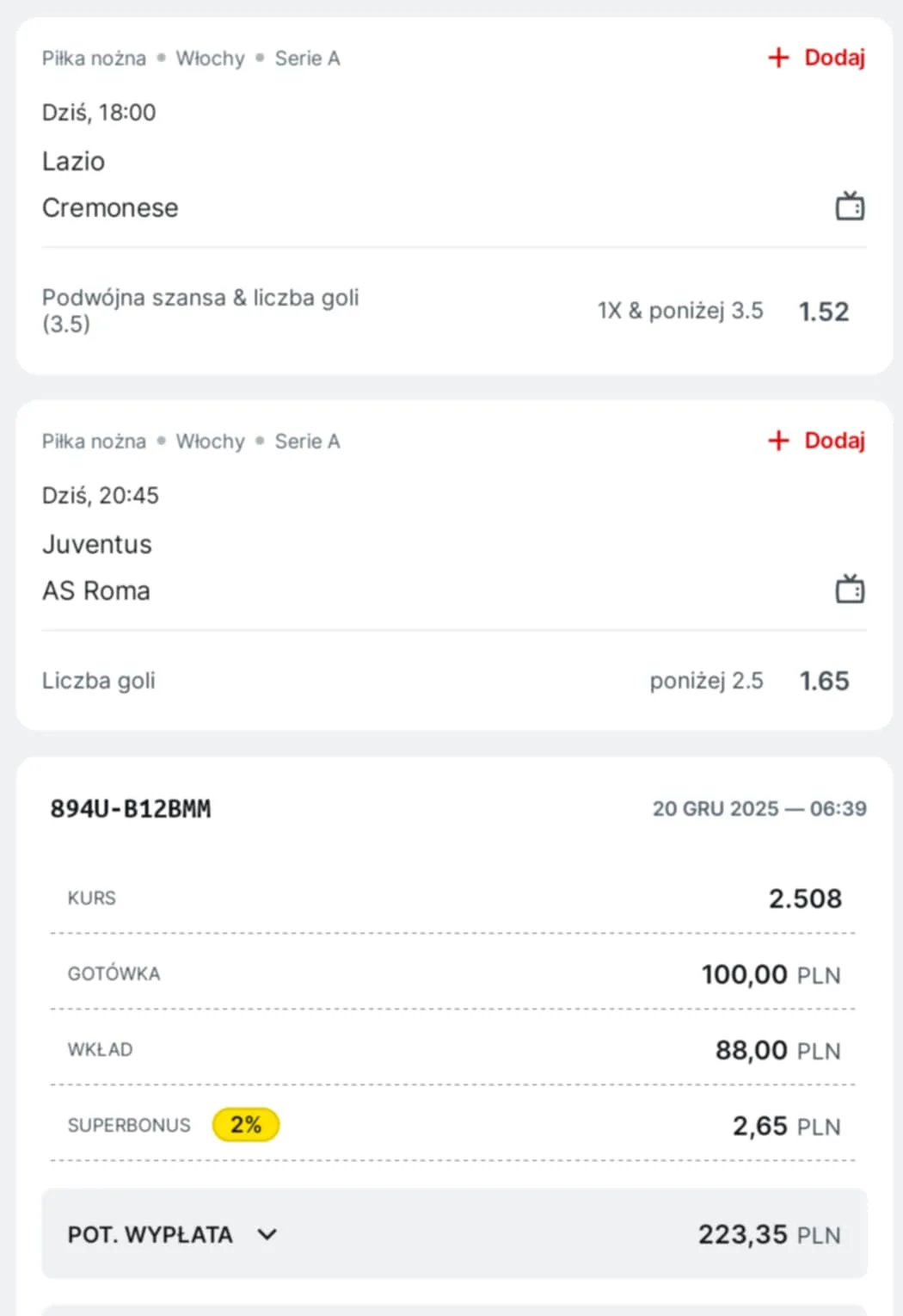 Kupon double Serie A, 20.12.2025