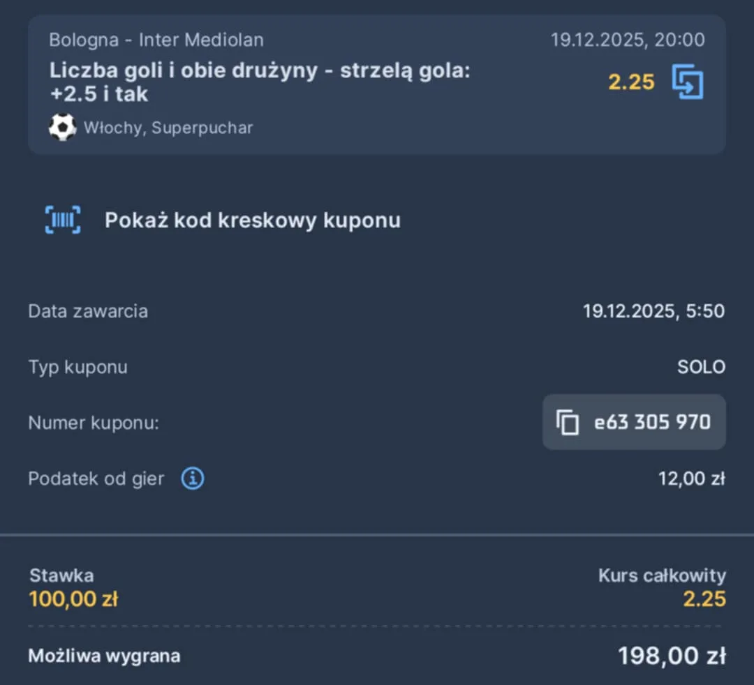 Kupon single Supercoppa Italiana 19.12.2025