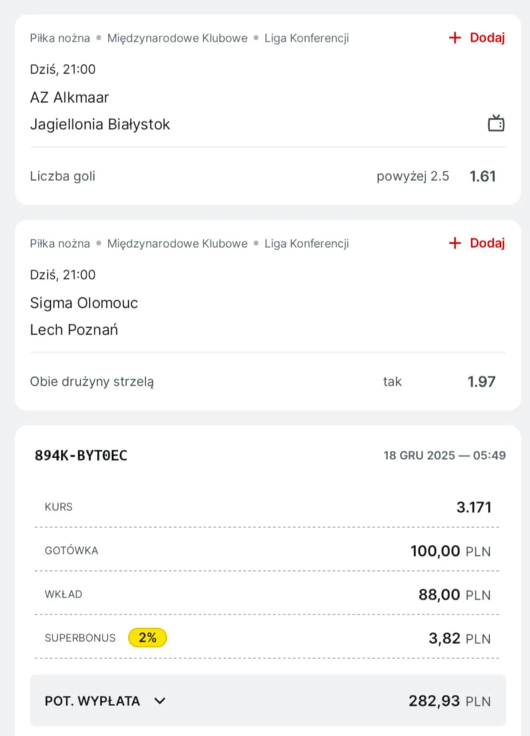 Kupon double Liga Konferencji, 18.12.2025