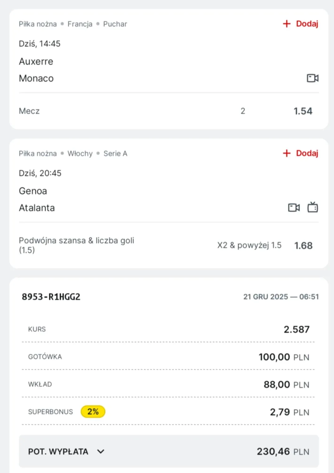 Kupon double Serie A, Coupe de France, 21.12.2025