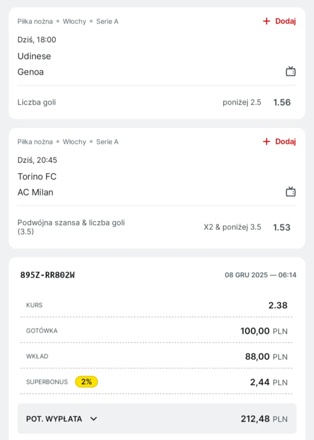 Kupon double Serie A 08.12.2025