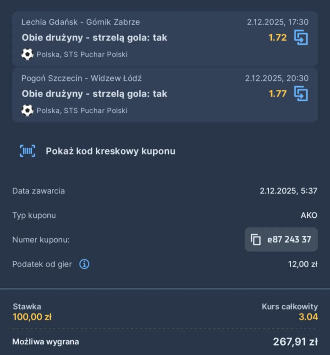 Kupon double Puchar Polski 02.12.2025