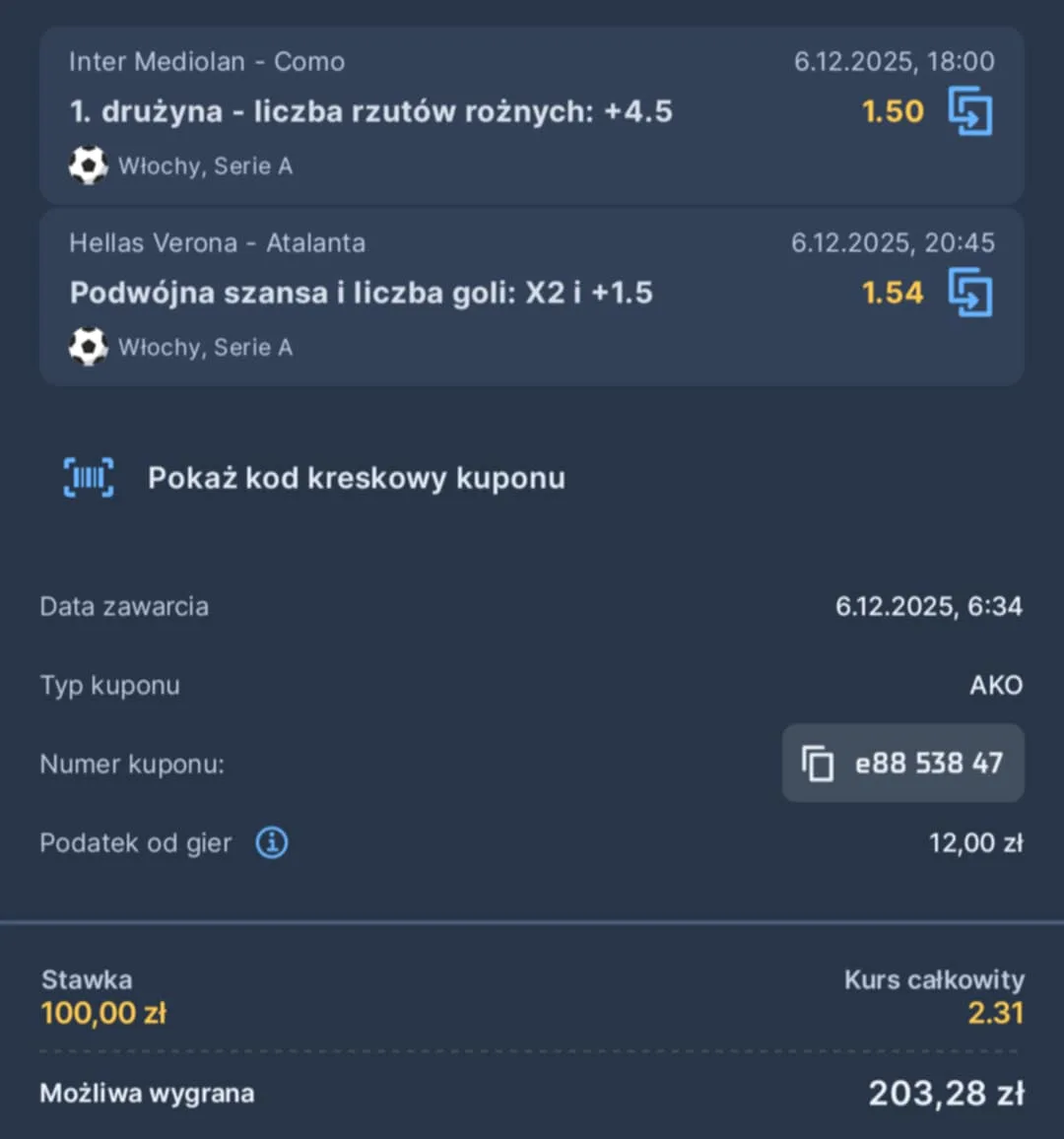 Kupon double Serie A 06.12.2025