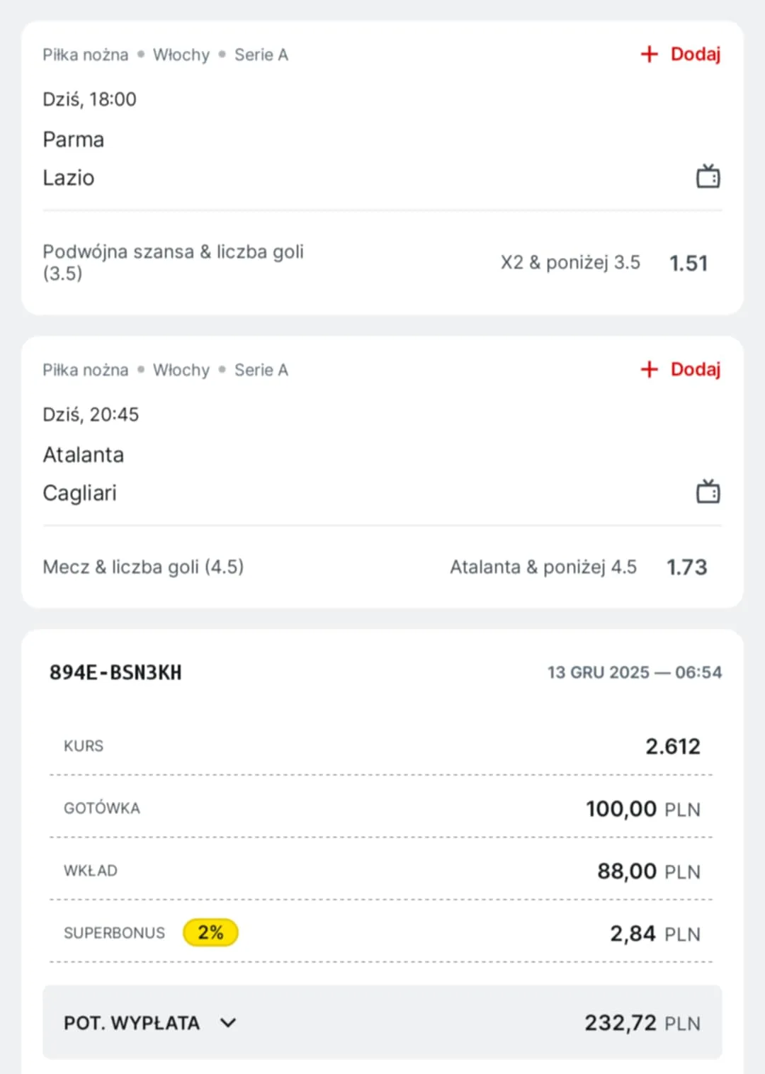 Kupon double Serie A, 13.12.2025