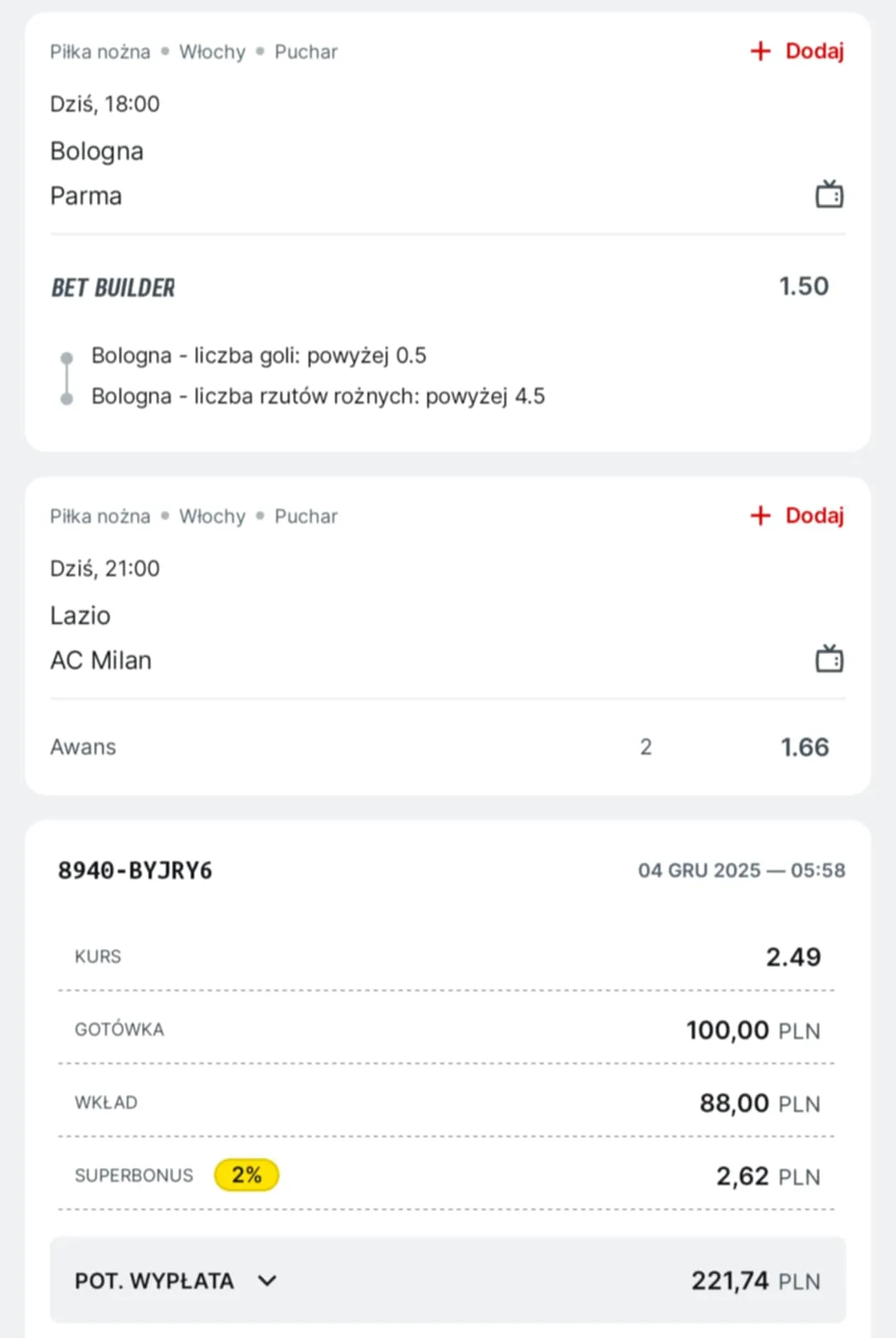 Kupon double Coppa Italia, 04.12.2025