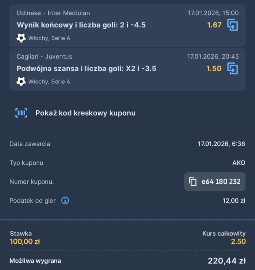 Kupon double Serie A, 17.01.2026