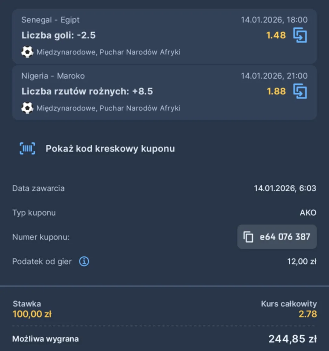 Kupon double PNA, 14.01.2026