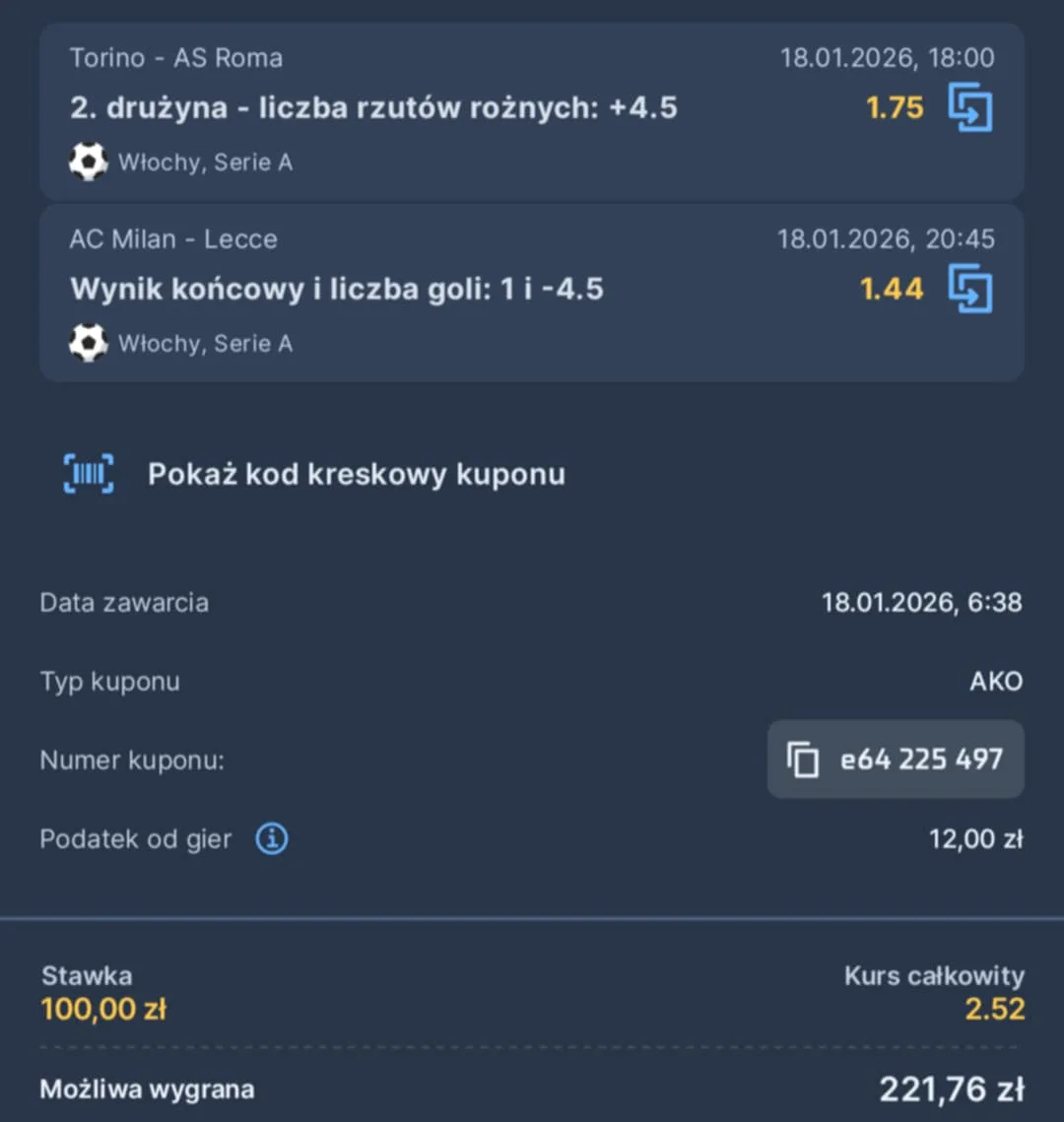 Kupon double Serie A, 18.01.2026