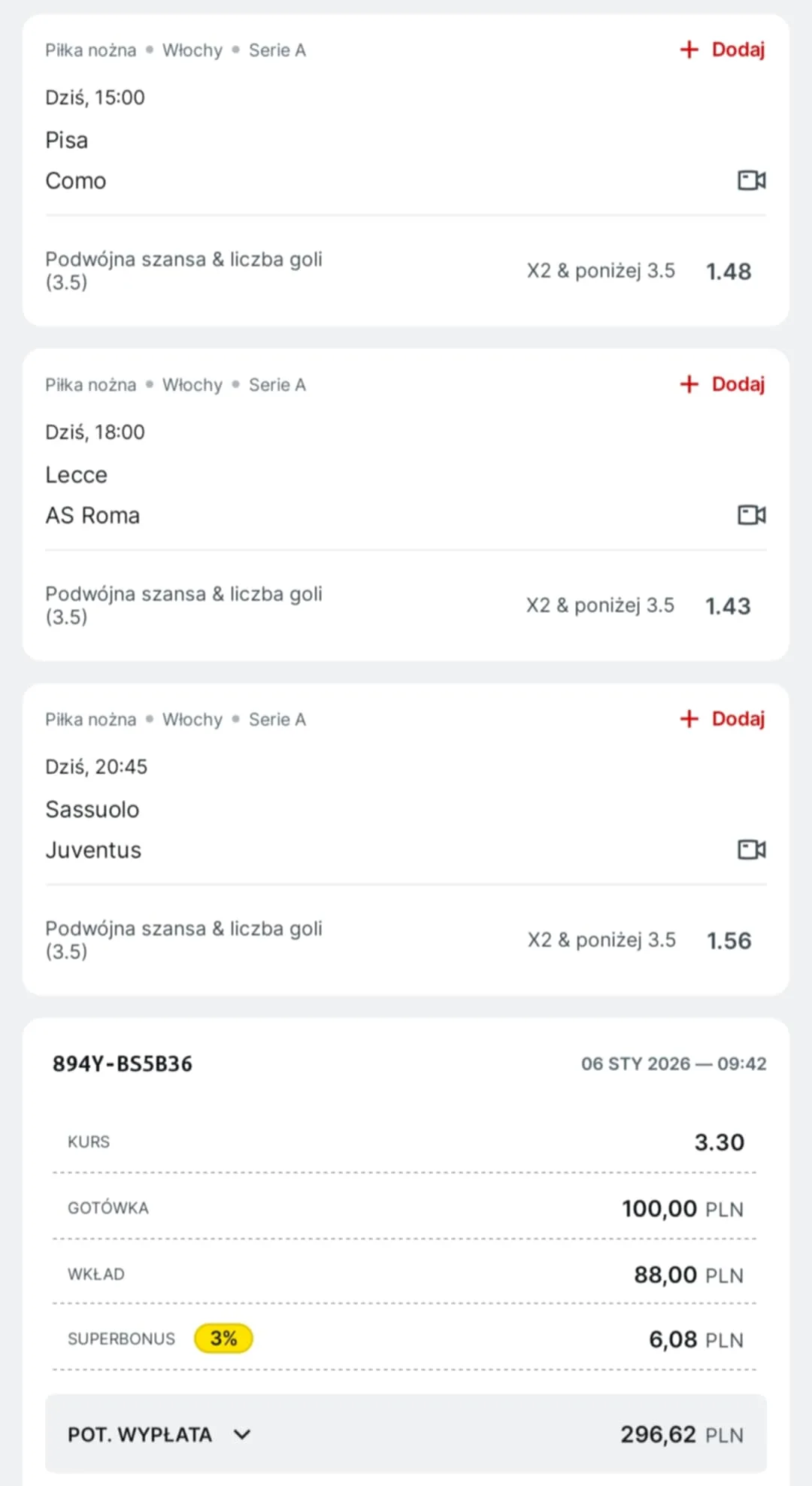 Kupon triple Serie A, 06.01.2026