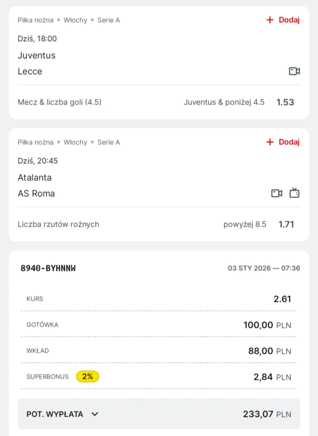 Kupon double Serie A, 03.01.2026