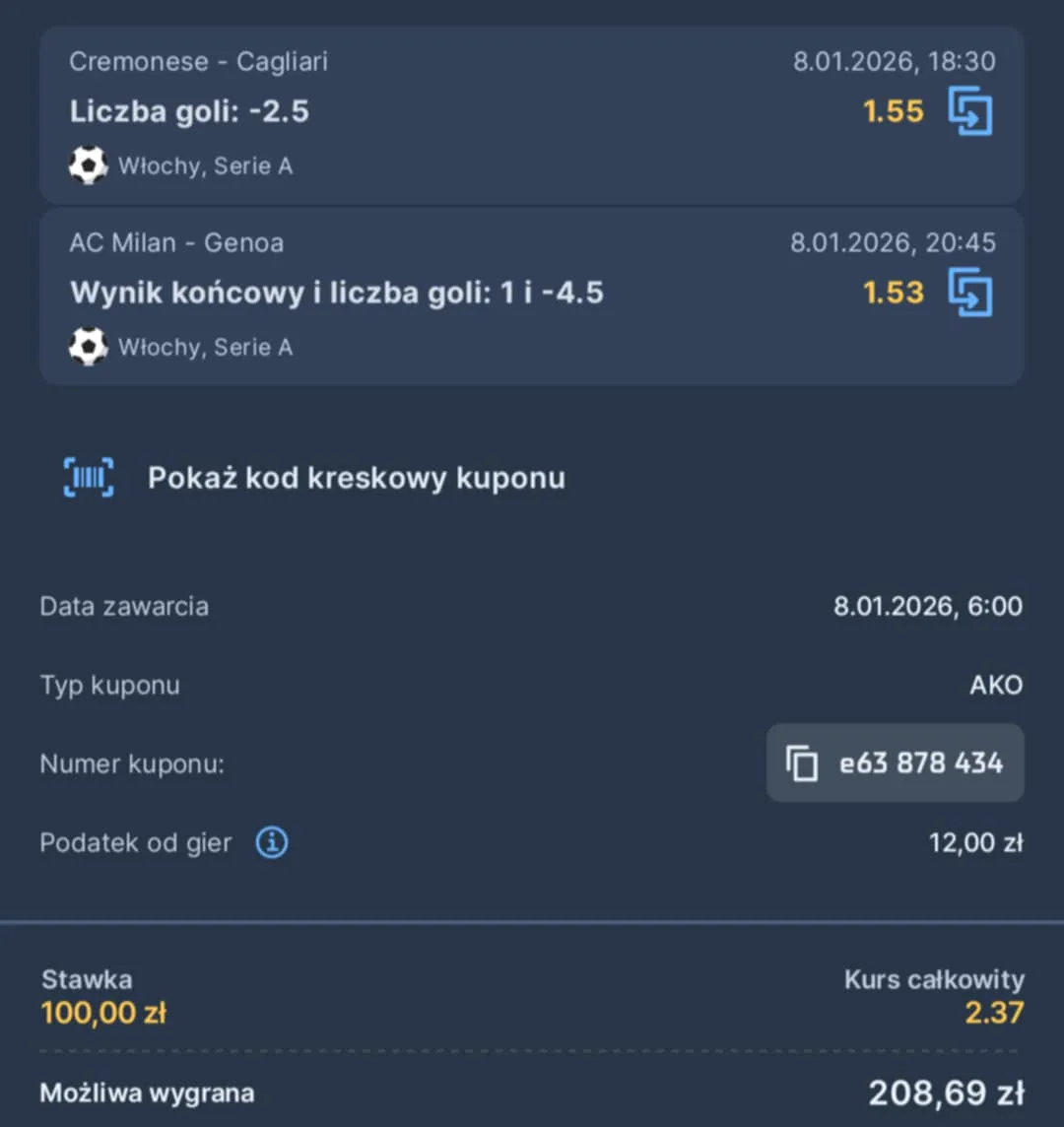 Kupon double Serie A, 08.01.2026