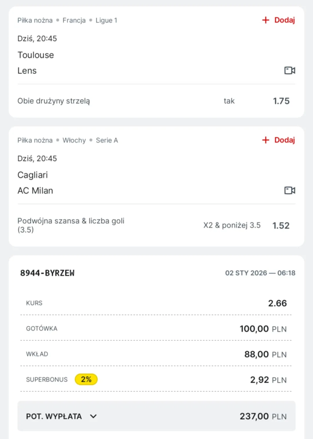 Kupon double Serie A, Ligue 1, 02.01.2026