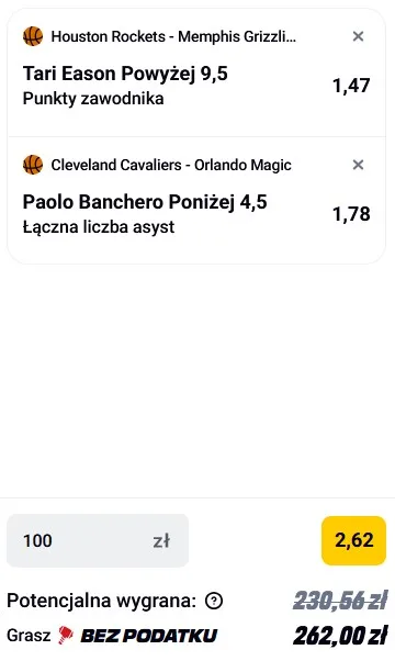 Kupon NBA w Betclic w dniu 26.01.2026