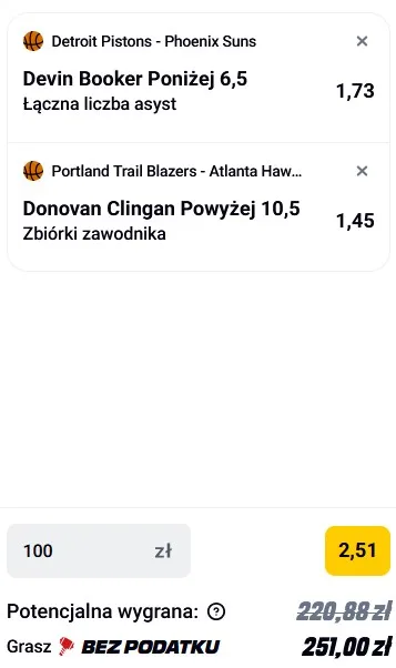 Kupon NBA w Betclic w dniu 15.01.2026