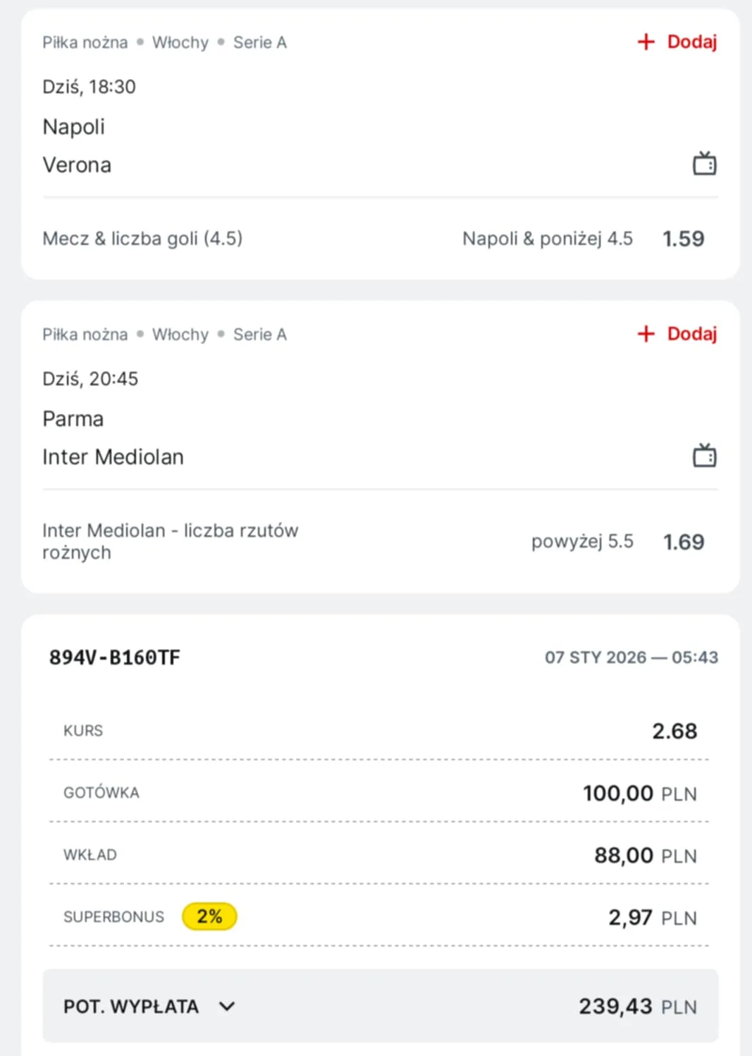 Kupon double Serie A, 07.01.2026