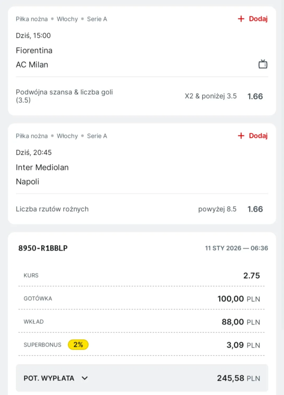 Kupon double Serie A, 11.01.2026