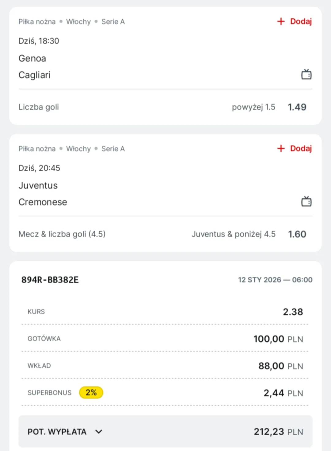 Kupon double Serie A, 12.01.2026