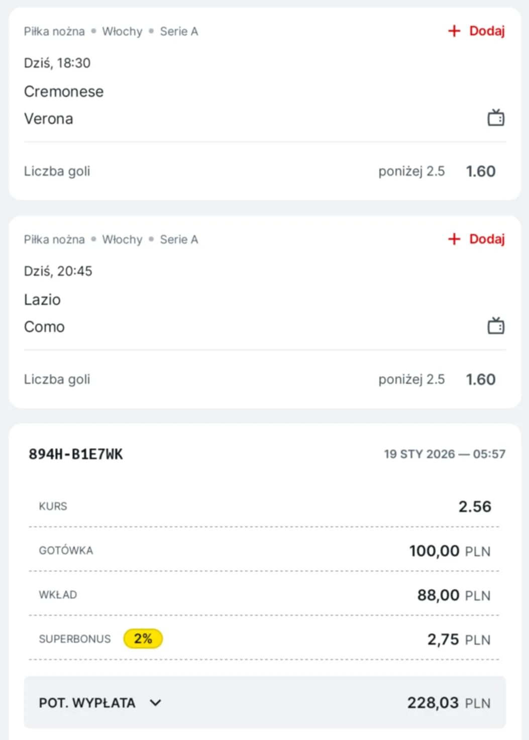 Kupon double Serie A, 19.01.2026