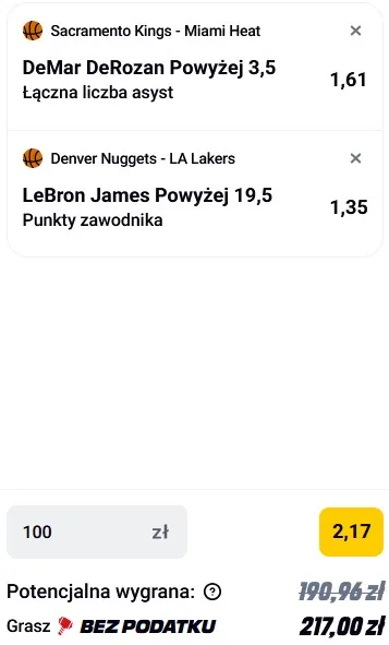 kupon NBA w Betclic w dniu 20.01.2026