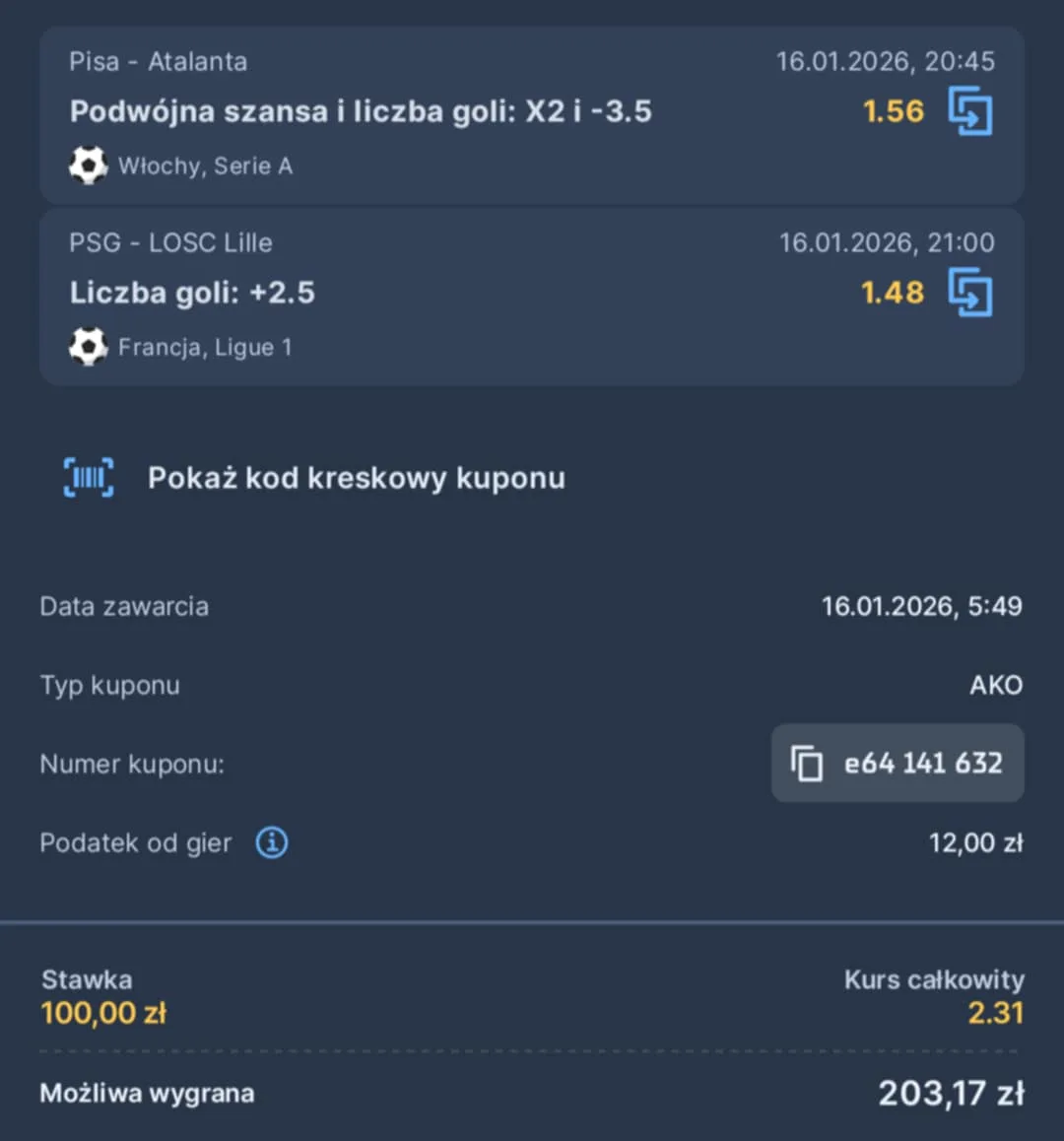 Kupon double Serie A, Ligue 1, 16.01.2026