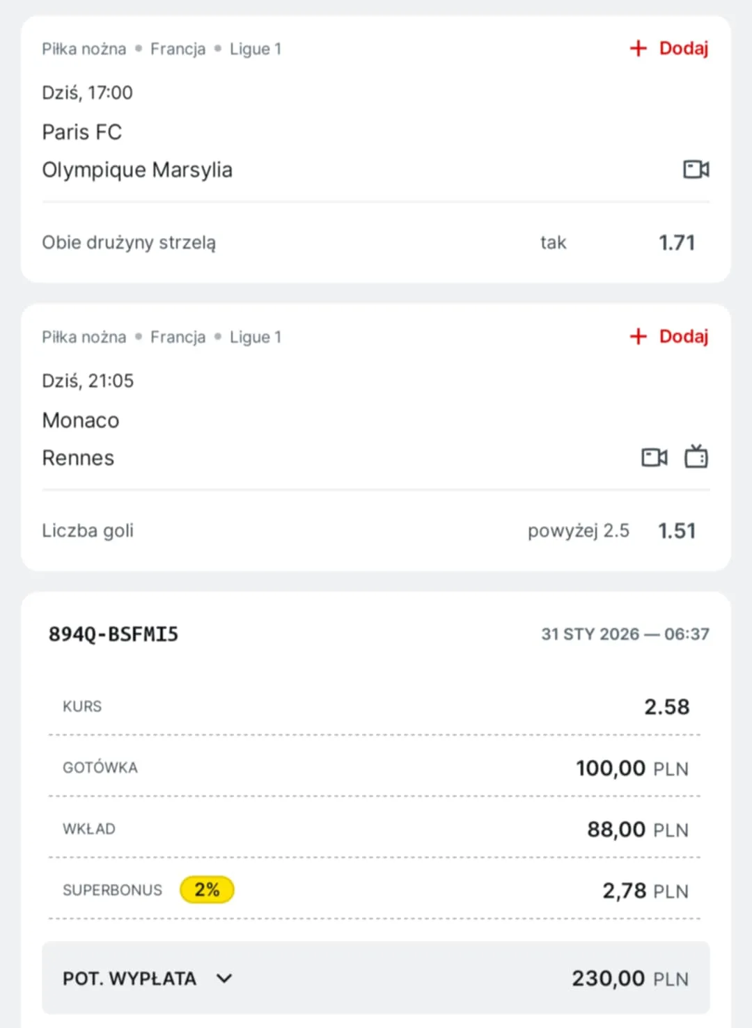 Kupon double Ligue 1, 31.01.2026